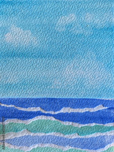 Watercolor painting of sea and sky with soft textured paper background
