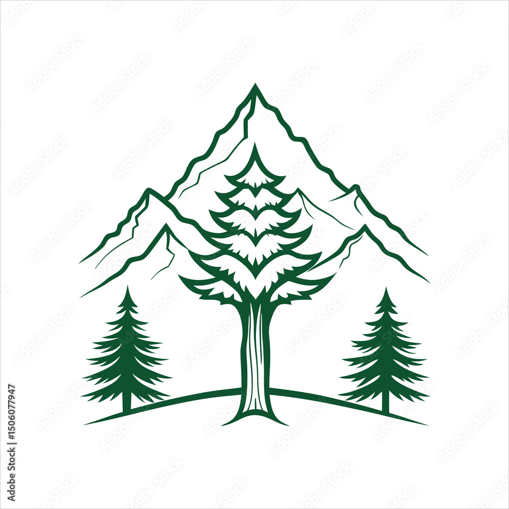 Fototapeta premium Minimal Cedar Tree with Mountain Silhouette Vector