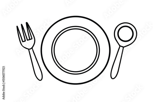 Simple line drawing of plate fork and spoon childrens meal