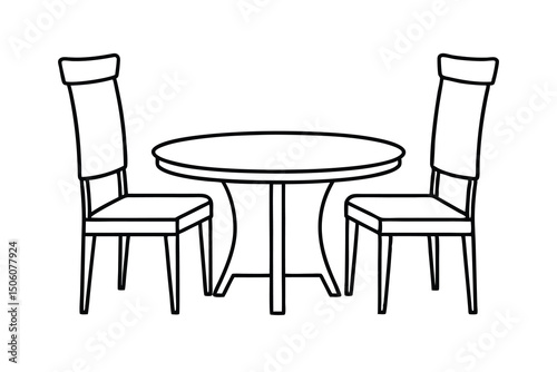 Simple line drawing of round table and two chairs