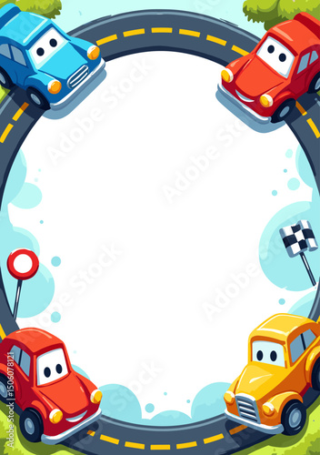 Cartoon racing car A4 card template with looping road, colorful cars, checkered flag, and playful vector design (5)