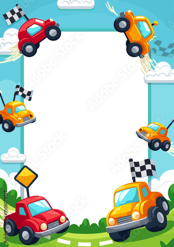 Cartoon racing car A4 card template with looping road, colorful cars, checkered flag, and playful vector design (4)