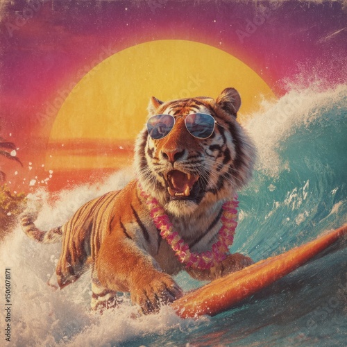 Tiger surfing a giant wave at sunset wearing sunglasses and lei