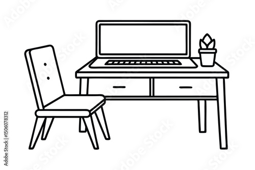 Modern minimalist home office desk setup laptop chair plant
