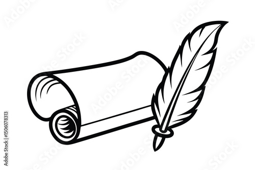 Quill pen and rolled parchment paper scroll