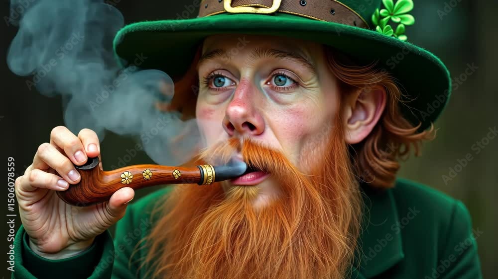 Curious redbearded character puffs on a wooden pipe while blowing smoke in three sequential frames