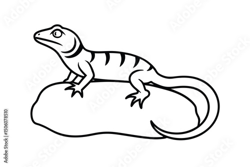 Cartoon lizard sitting on a rock simple line art illustration