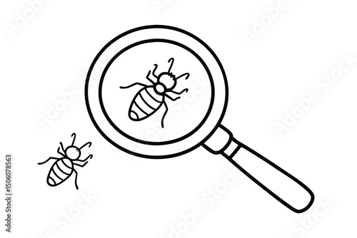 Magnifying glass examining tiny insect pest close up