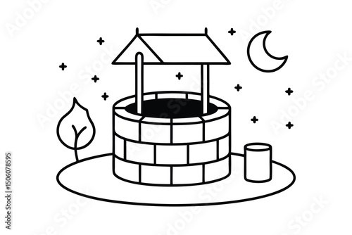 Wishing well at night under the moon stars bucket