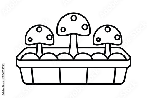 Three adorable cartoon mushrooms planted in a basket