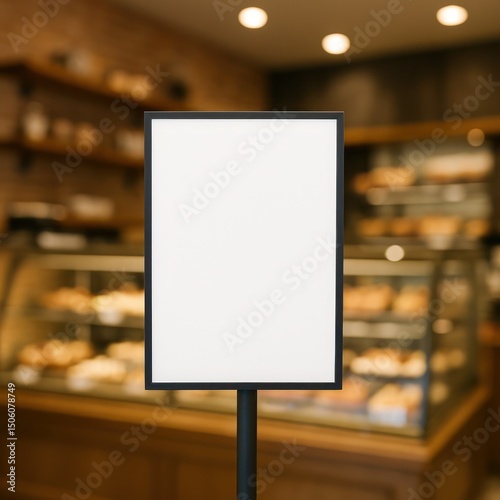 Blank Poster Stand in Cozy Bakery with Fresh Pastry Background