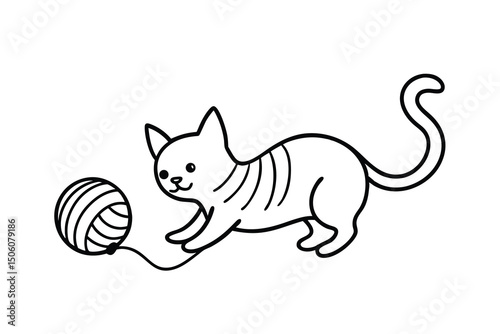 Playful kitten playing with yarn ball cute cartoon illustration