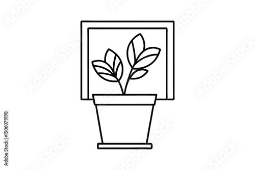 Potted plant sitting in windowsill simple line art illustration