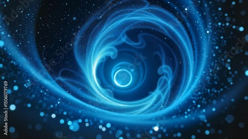 Abstract blue swirling vortex with glowing particles on dark background  