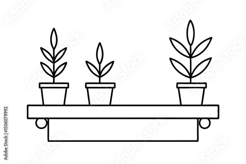 Three potted plants on a simple wooden shelf