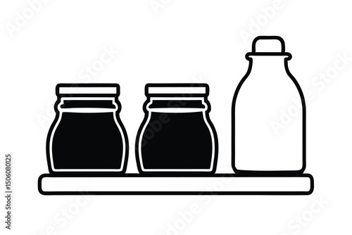 Two jars and a bottle on a shelf kitchen storage