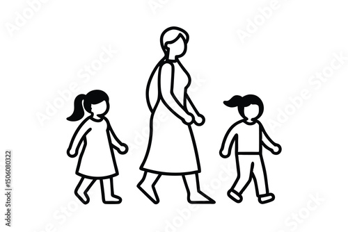 Mother walking with two daughters simple line art illustration