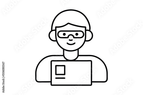 Person with glasses using laptop computer simple line art icon