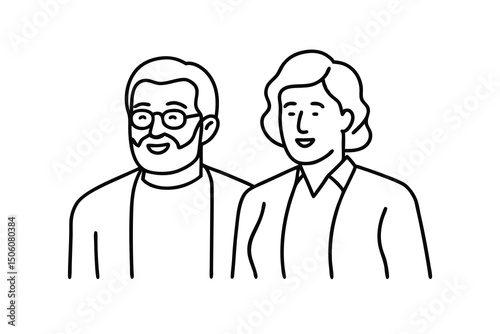 Happy senior couple line art illustration elderly man woman together