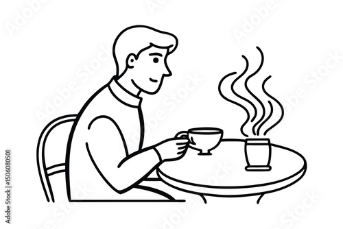 Man enjoying a warm drink at a small table