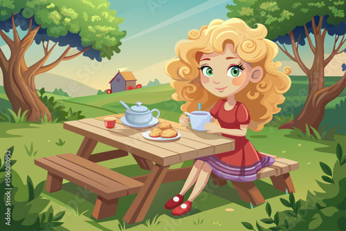 vector of A wooden picnic table where a beautiful girl with curly blonde hair is sitting on a bench and serving tea.