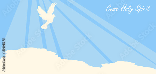 Elegant depicting a white dove, symbolizing the Holy Spirit, soaring above soft clouds with heavenly rays of light. Ideal for religious designs, church materials