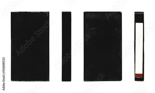 VHS videocassette in black black cover sleeve, multiple angles, mockup with blank space on transparent background