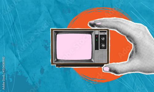 Trendy art collage, TV in hand on blue background with copy space. Concept of news and advertising.