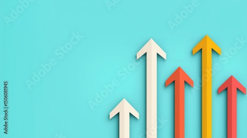 Brightly colored arrows illustrating a powerful upward trend against a solid aqua blue background symbolizing economic growth and success.