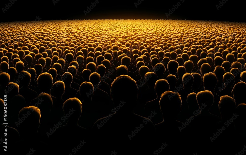 Obraz premium A vast crowd of silhouettes illuminated by a warm golden light, creating a dramatic and powerful scene