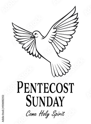 Illustration of a white dove with spread wings symbolizing the Holy Spirit, accompanied by the text Pentecost Sunday. Ideal for church events, religious posters, or Pentecost celebrations