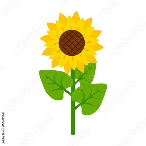 Elegant illustration of a vibrant sunflower with a detailed center and lush green leaves. Perfect for nature-themed designs, floral compositions, eco-friendly projects