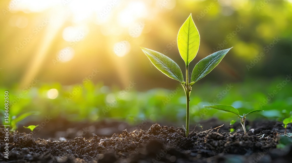 Sunlight streams onto a young plant sprout growing in fertile ground, symbolizing new life and environmental care for future generations.