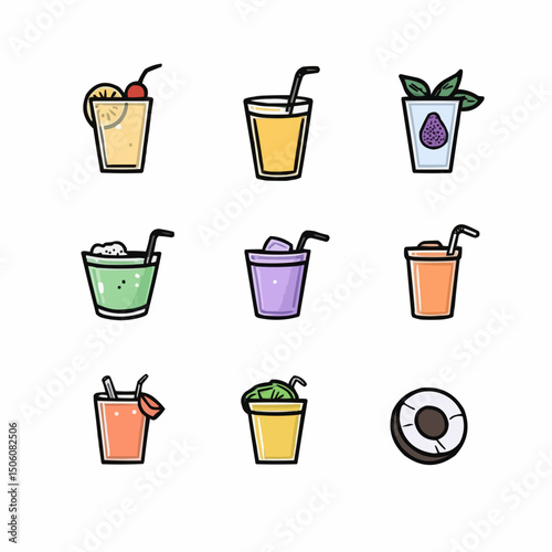 Set of colorful tropical summer drinks in flat minimalist vector style. Includes lemonade, cocktail, smoothie, coconut drink, iced tea. Ideal for menu design, packaging, and seasonal digital products