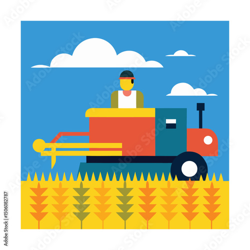 Farmer Driving Combine Harvester in Wheat Field