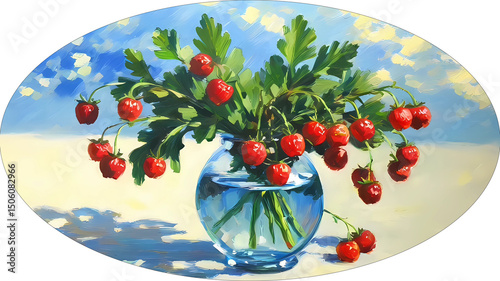 Still life in the shape of an oval, depicting a bunch of bright reds  berries   with green leaves arranged in a transparent glass vase against a blue sky.  