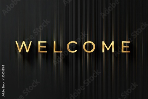 Welcome Text in Golden on Black Background, Abstract Gold Lines Adding Elegance and Sophistication, Ideal for Concepts of Hospitality, Greetings, or Premium Branding
