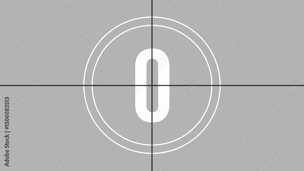 Retro style analog countdown from 5 to 0 with film frame change animation and grey overlay.