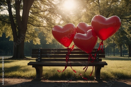 Bench in a Beautiful Park Adorned with Red Heart-Shaped Balloons,