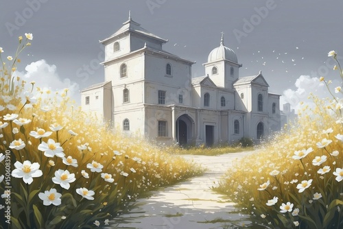 Golden-White Summer Background Adorned with White Small Flowers, Creating an Atmosphere of Warmth and Joy