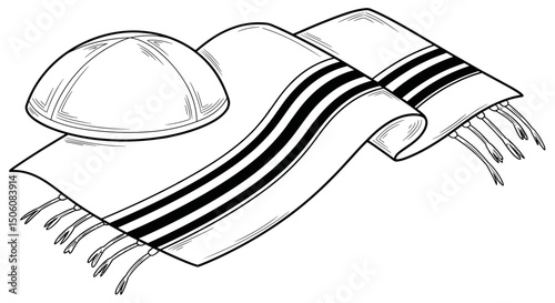 Sacred Symbols: A minimalist, black and white illustration showcasing the essential elements of Jewish religious observance: a yarmulke and a tallit. Reflecting the faith, heritage, and tradition.