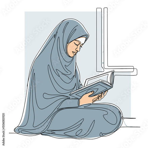 Serene Reading: An illustration depicting a person in a hijab engrossed in reading a book, capturing the peace and devotion of a quiet moment.