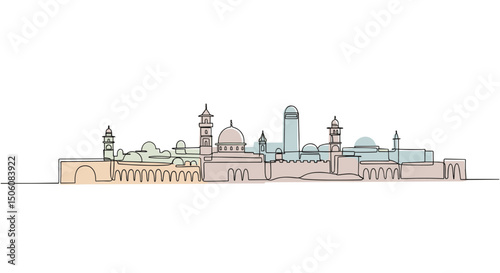 Cityscape in Outline: An artistic line drawing presents a detailed cityscape, showcasing iconic architecture and urban design in a simple, elegant style, evoking a sense of modernity and elegance.