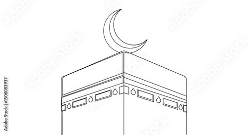 The Sacred Kaaba: A minimalist line drawing of the Kaaba, the holiest sanctuary in Islam, with a crescent moon atop, set against an uncluttered backdrop, perfect for design elements.