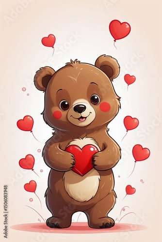 Minimalist Illustration of a Cute Brown Bear Holding a Red Heart in Its Paws, Symbolizing Love and Tender Feelings
