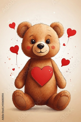 Minimalist Illustration of a Cute Brown Bear Holding a Red Heart in Its Paws, Symbolizing Love and Tender Feelings