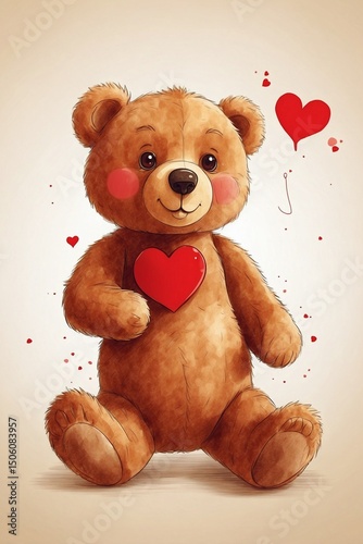 Minimalist Illustration of a Cute Brown Bear Holding a Red Heart in Its Paws, Symbolizing Love and Tender Feelings