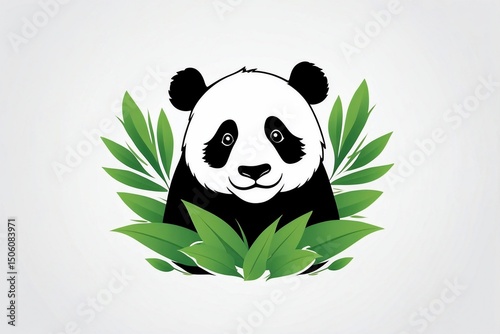 Minimalist Panda Logo on a White Background Adorned with Green Leaves, Reflecting Minimalist Style and Elegance