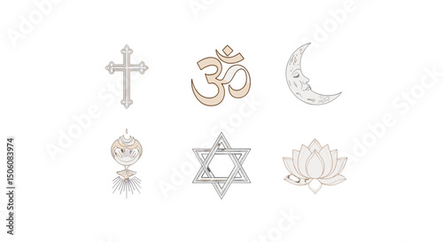 Symbols of Faith: A collection of diverse religious symbols are elegantly presented, each representing a unique spiritual journey.