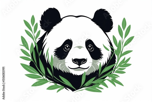 Minimalist Panda Logo on a White Background Adorned with Green Leaves, Reflecting Minimalist Style and Elegance